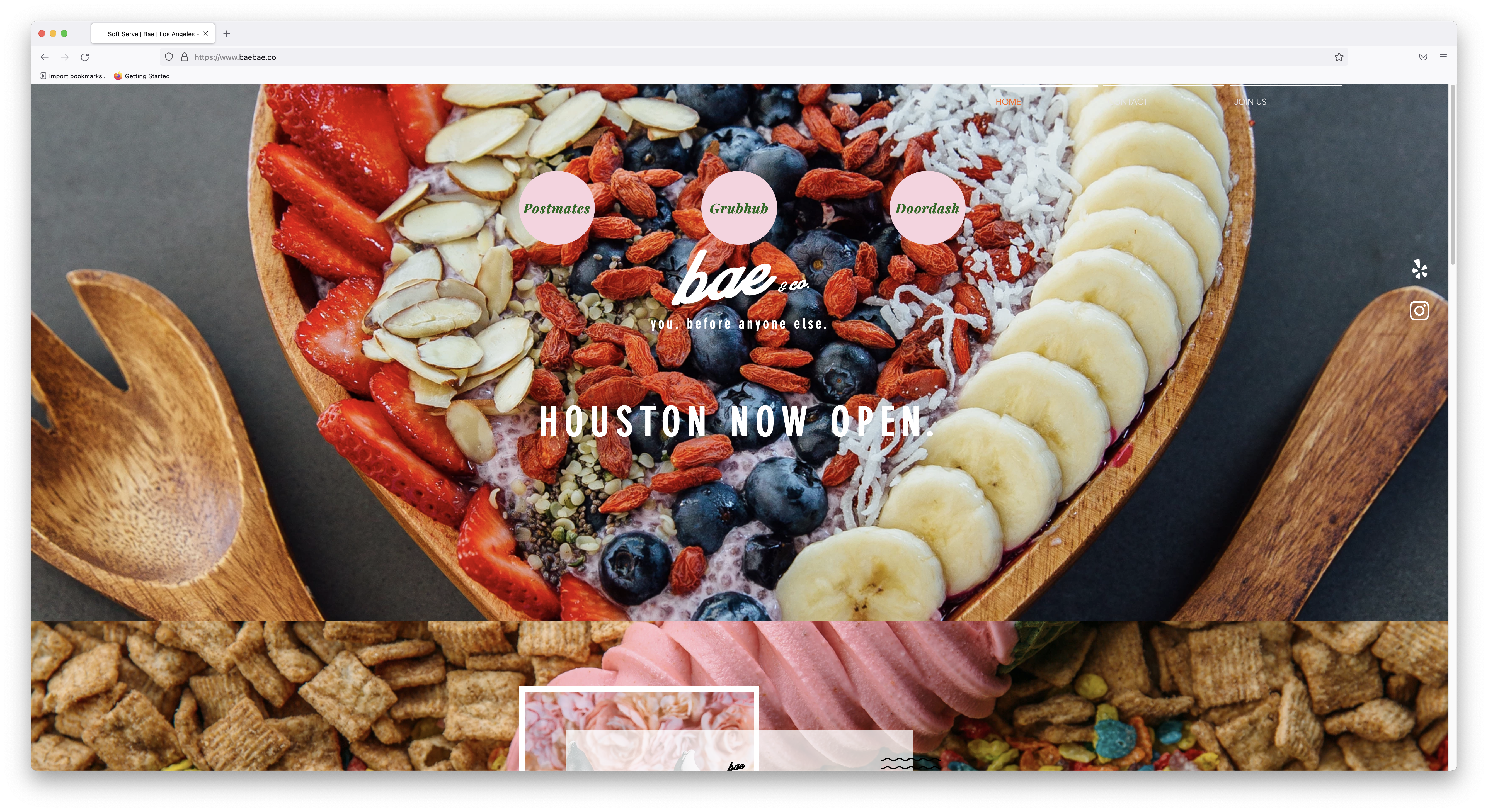 Screenshot of the home page of the Bae Ice Cream website.